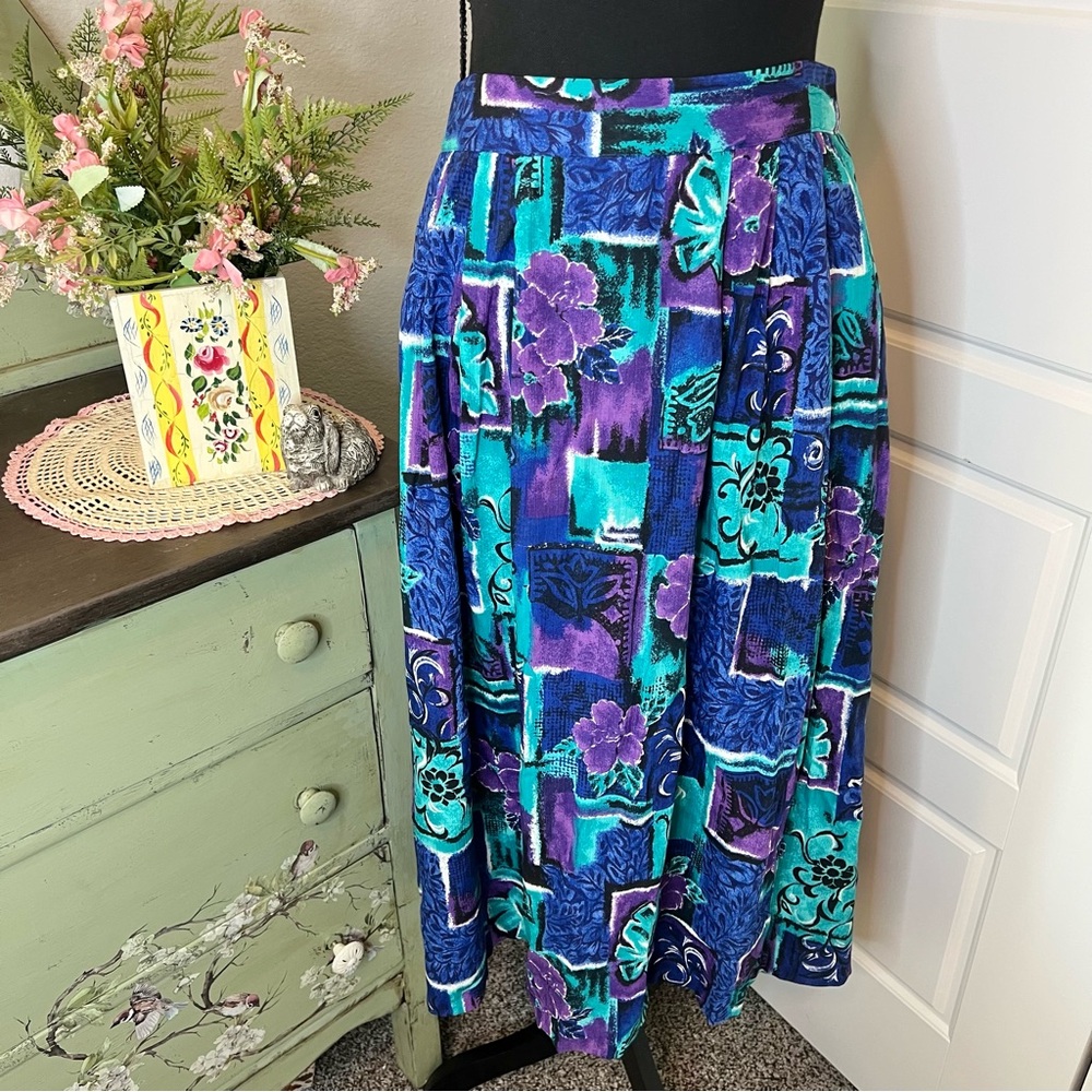 Jessica Scott Vintage 80s 90s Blue Purple Hawaiin PullOn MIDI Hi Waist Skirt M/L